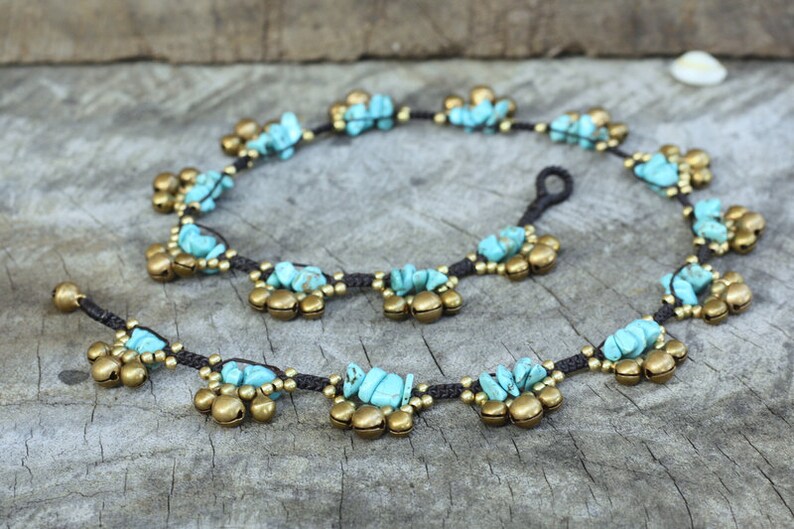 Turquoise Stone Brass Bells Women Necklace image 4