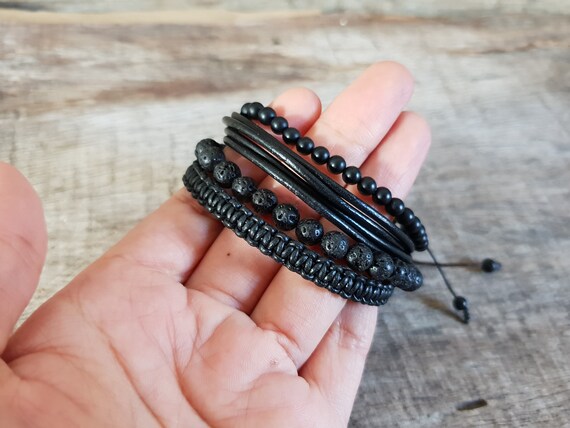 ブラックブレスレット4個セット、メンズレザーブレスレット、男性への ブレスレット4個セット