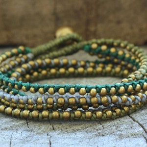 Olive Green Tone Brass Or Silver Beaded Wrap Unisex Bracelet, Women Short Necklace, Choker