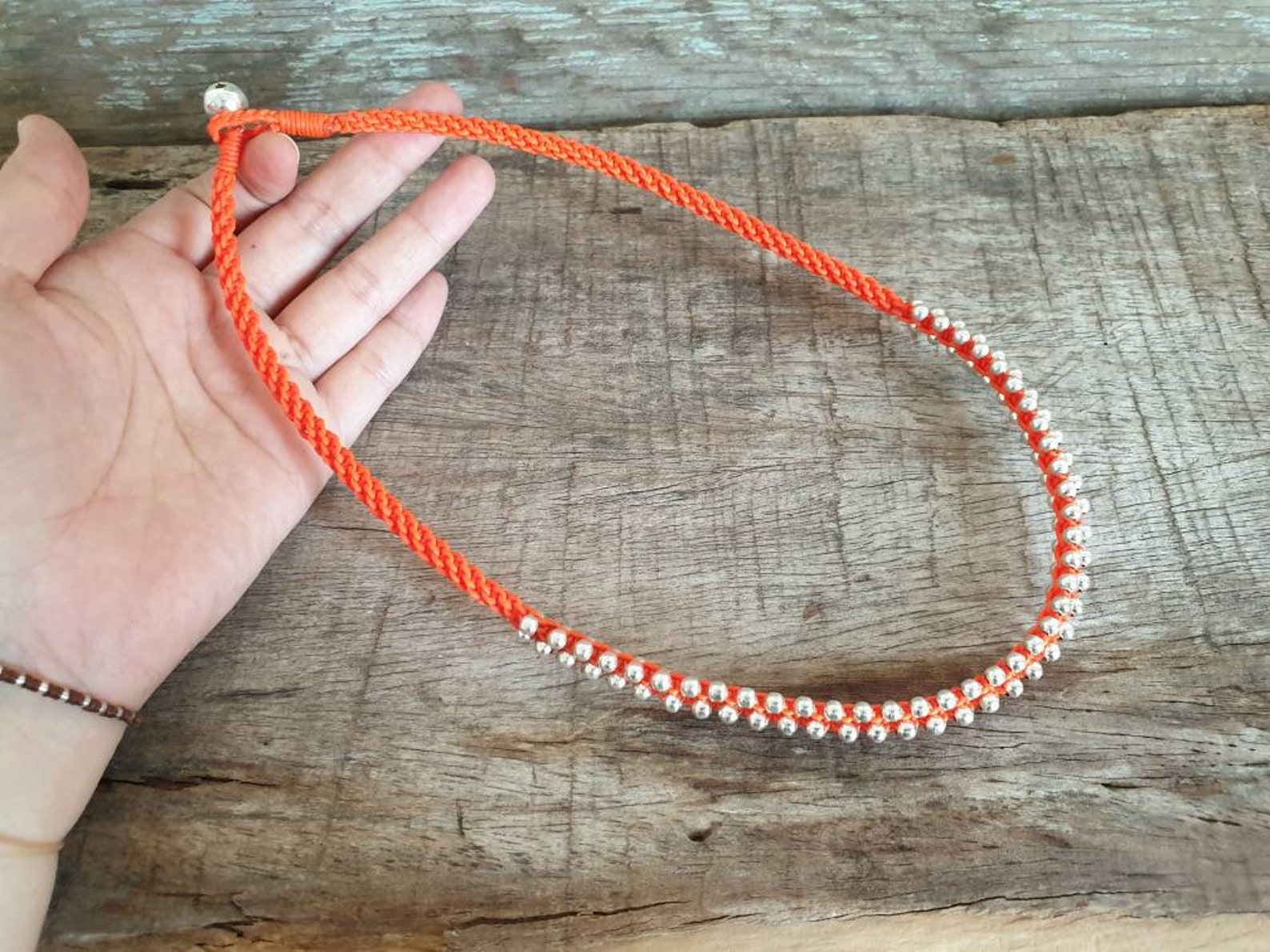 Silver Beaded Dark Red Waxed Cord Woven Necklace Women Etsy