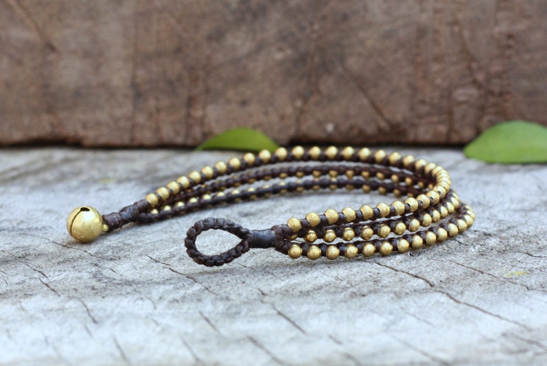 Triple Brass Beaded Waxed Cord Unisex Bracelet