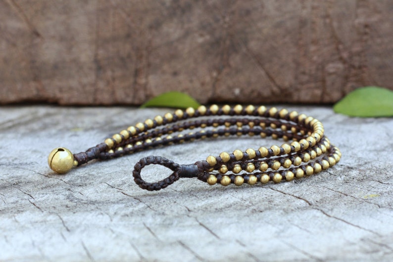 Triple Brass Beaded Waxed Cord Unisex Bracelet or Anklet image 3