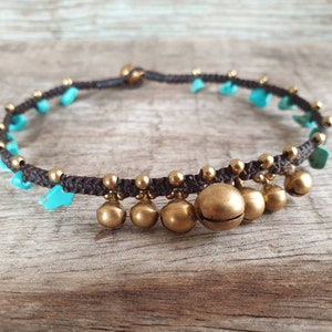 Turquoise Chip Stones Brass Bells Anklet, Hippie Women Bracelet, For Her, Brass Bell Anklet, Beach Anklet