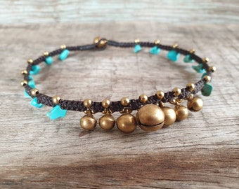 Turquoise Chip Stones Brass Bells Anklet, Hippie Women Bracelet, For Her, Brass Bell Anklet, Beach Anklet