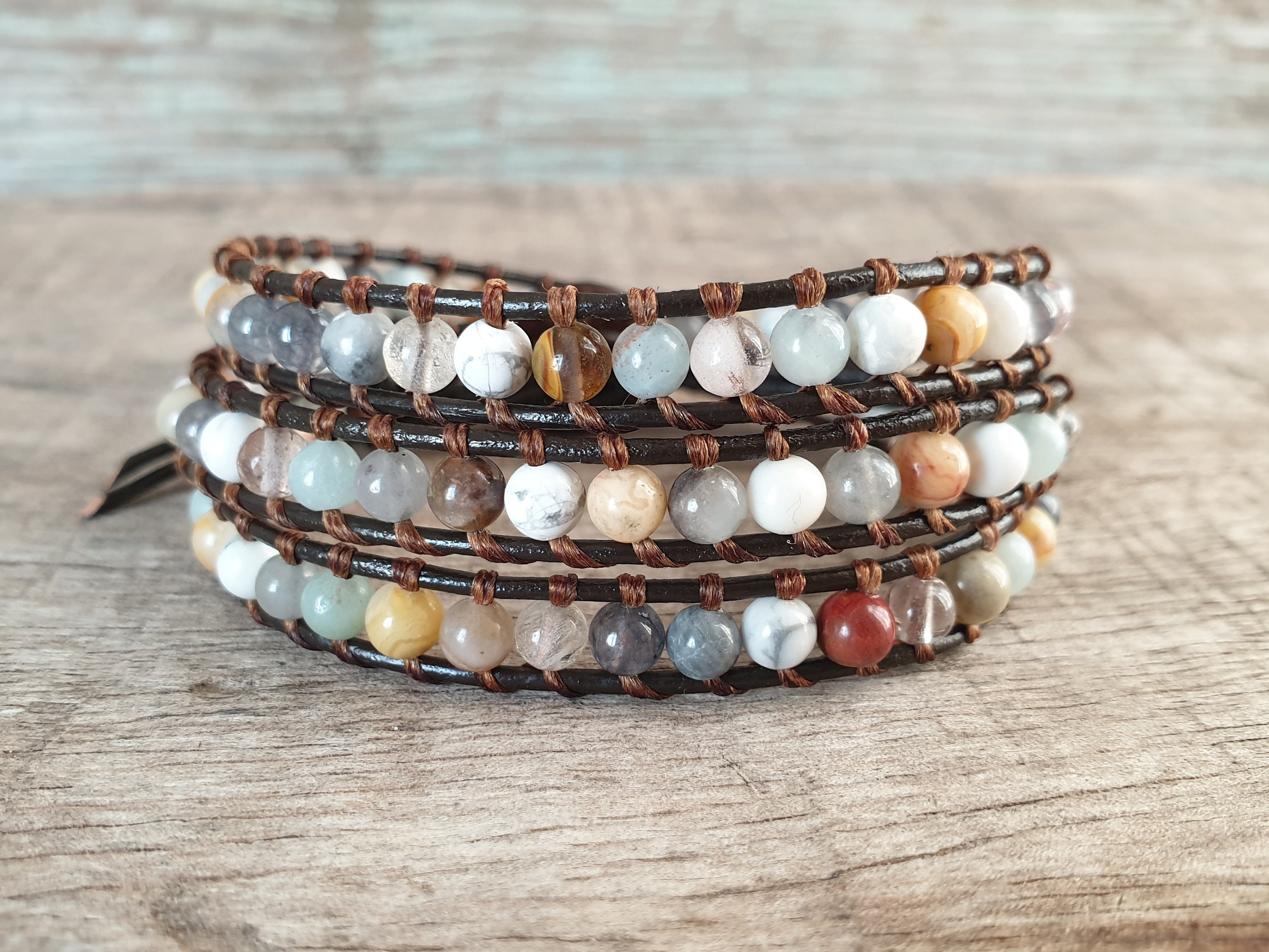 ●tow tow archive● Feverfew Leather Bead Bracelet Brown TBH Mix Beaded Leather Wrap Bracelet, Women Wrap Bracelet