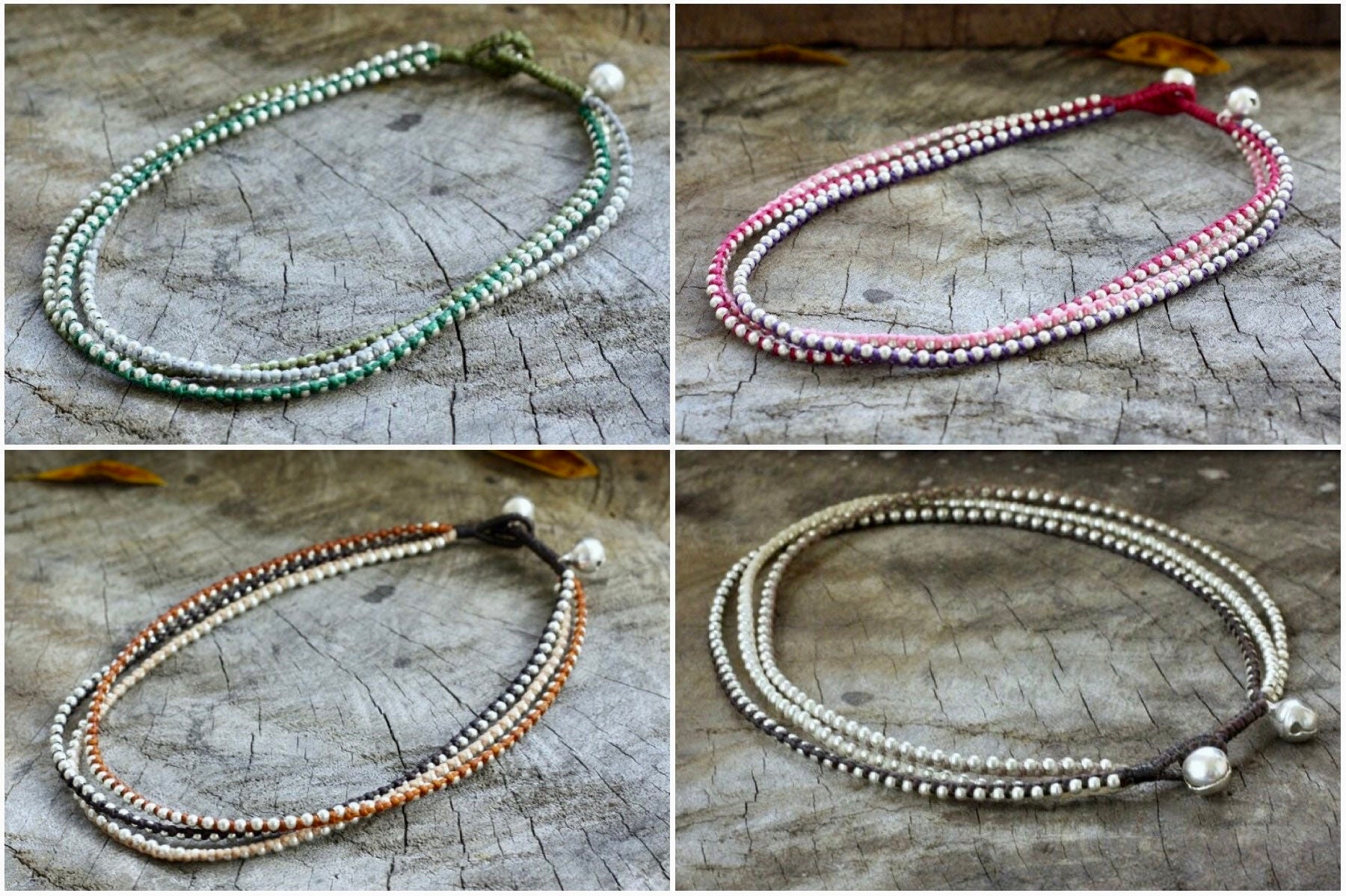 Triple Silver Beaded Unisex Necklace, Wrap Bracelet, Men