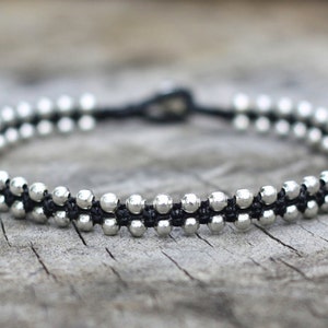 Single Silver Beaded Black Cord Unisex Anklet or Bracelet
