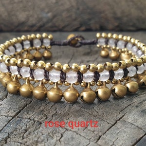 Jingling Brass Bells Women Bracelet or Anklet, Hippie Women, Dance Bracelet, For her, Rose Quartz Bracelet- 6mm bells