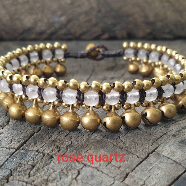 Jingling Brass Bells Women Bracelet or Anklet, Hippie Women, Dance Bracelet, For her, Rose Quartz Bracelet- 6mm bells