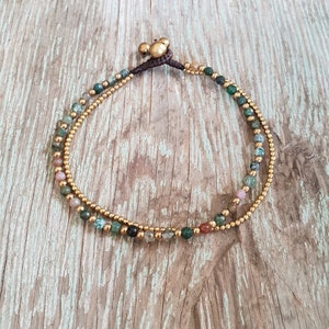 Fancy Jasper gefacetteerde kralen dubbele kettingen messing enkelbandje, voor haar, zoete armband