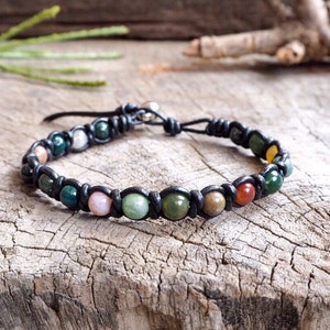 6mm Gemstone Beaded Black Leather Braided Unisex Bracelet- Braided Leather Anklet, Mens Bracelet, For Her