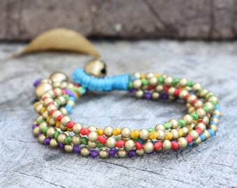 Multistrand Brass or Silver Beads Kids Hand Knotted Colorful Bracelet or Anklet, Sweet Women Bracelet