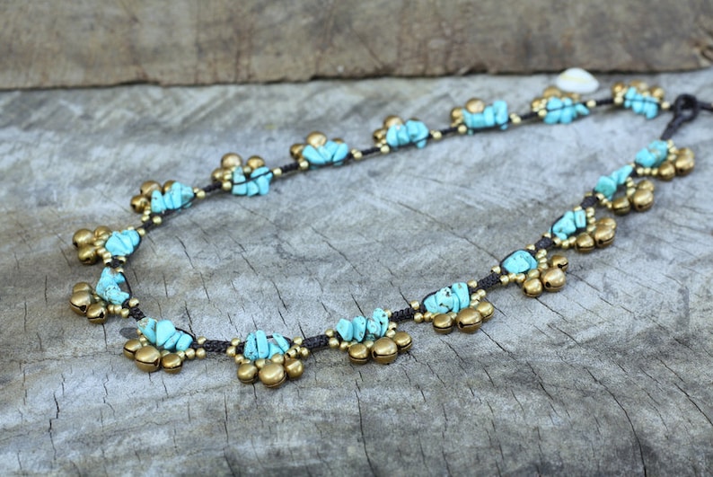 Turquoise Stone Brass Bells Women Necklace image 2