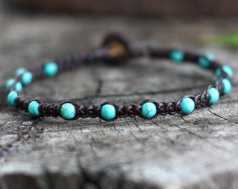 Single Turquoise Beaded Bracelet, Simple Turquoise Anklet, Mens Bracelet, For Him