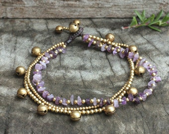 Amethyst Brass Chains Hippie Anklet , Amethyst Bracelet, Women Anklet, For Girls