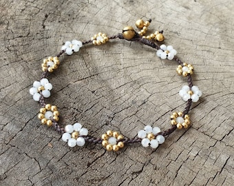 Crystal Beaded Brass Braided Flower Anklet, Sweet Anklet, For Her, Women Anklet, Hippie Women Anklet, Cute Bracelet