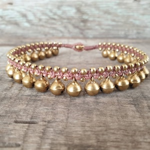 8mm Brass Bells Rosy Brown Waxed Cord Bracelet or Anklet, Hippie Ankle Bracelet, Women Wedding Ankle Bracelet, Dance Anklet, Kids Anklet