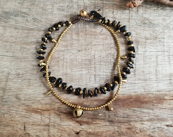 Chip Stones Water Drop Brass Bell Women Anklet- Hippie Brass Stones Bracelet, Hippie Ankle Bracelet, For Her