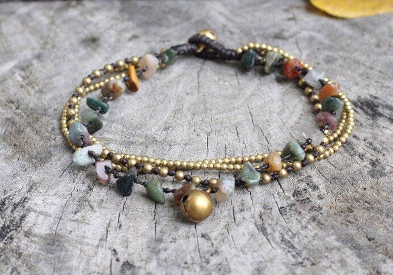 Jade Aventurine Chips Stone Brass Chains Women Anklet, Hippie Women Anklet image 3