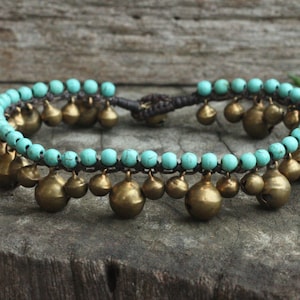 Turquoise Beaded Brass Bells Hippie Anklet or Bracelet, Dance Anklet, Wedding Women