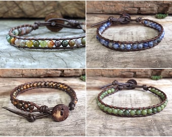 Gemstones Beaded Leather Unisex Bracelet, Beaded Leather Anklet, Mens Bracelet, For Her