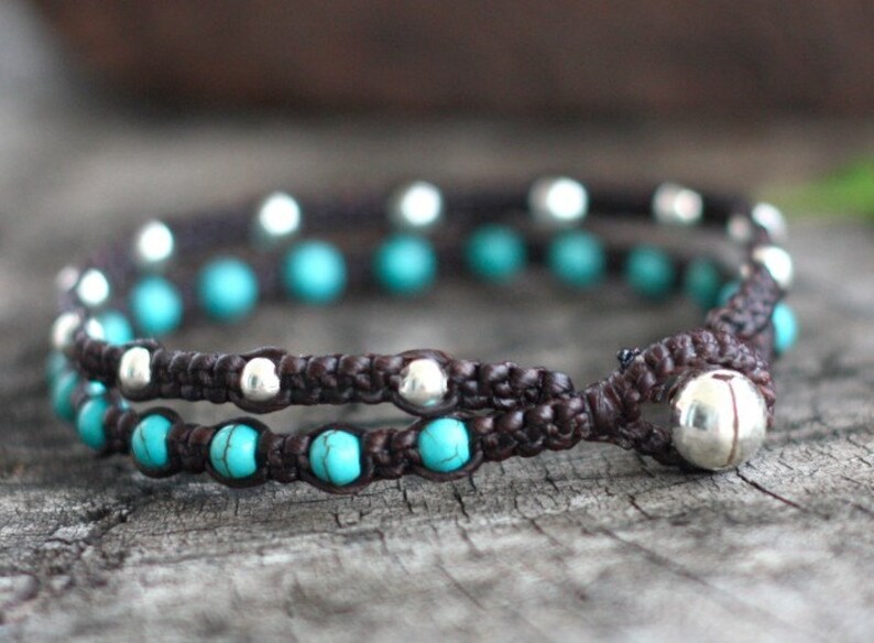 Hippie Double Turquoise Silver Unisex Bracelet , Mens Anklet, Mens Bracelet, For Her image 2