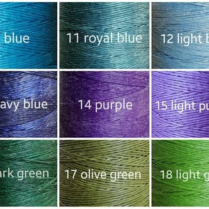 May include: Nine spools of waxed thread in various shades of blue, purple, and green. The spools are labeled with numbers and color names, such as "10 blue", "11 royal blue", "12 light blue", "13 navy blue", "14 purple", "15 light purple", "16 dark green", "17 olive green", and "18 light green".