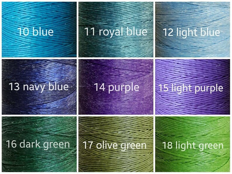 May include: Nine spools of waxed thread in various shades of blue, purple, and green. The spools are labeled with numbers and color names, such as "10 blue", "11 royal blue", "12 light blue", "13 navy blue", "14 purple", "15 light purple", "16 dark green", "17 olive green", and "18 light green".