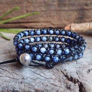 Gemstone Beaded Braided Wrap Black Leather Unisex Bracelet, Men Bracelet, For Him, Leather Bracelet, Women Wrap Bracelet, For Her