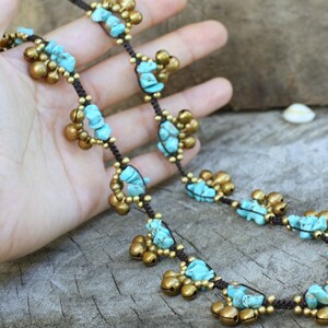 Turquoise Stone Brass Bells Women Necklace image 5