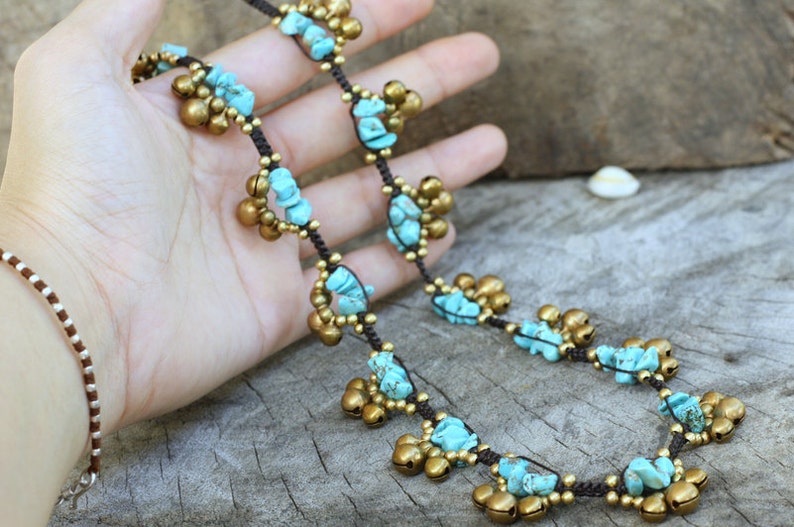 Turquoise Stone Brass Bells Women Necklace image 5