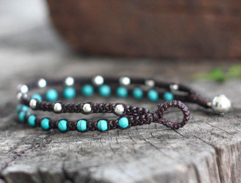 Hippie Double Turquoise Silver Unisex Bracelet , Mens Anklet, Mens Bracelet, For Her image 3