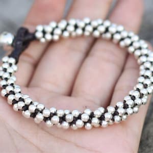 All Silver Beaded Woven Women Bracelet, Women Anklet, For Her, Mens Bracelet