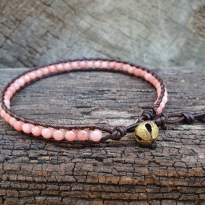 Pink Jade Beaded Leather Bracelet/Anklet With Brass Bell, For Her, Gifts For Girl