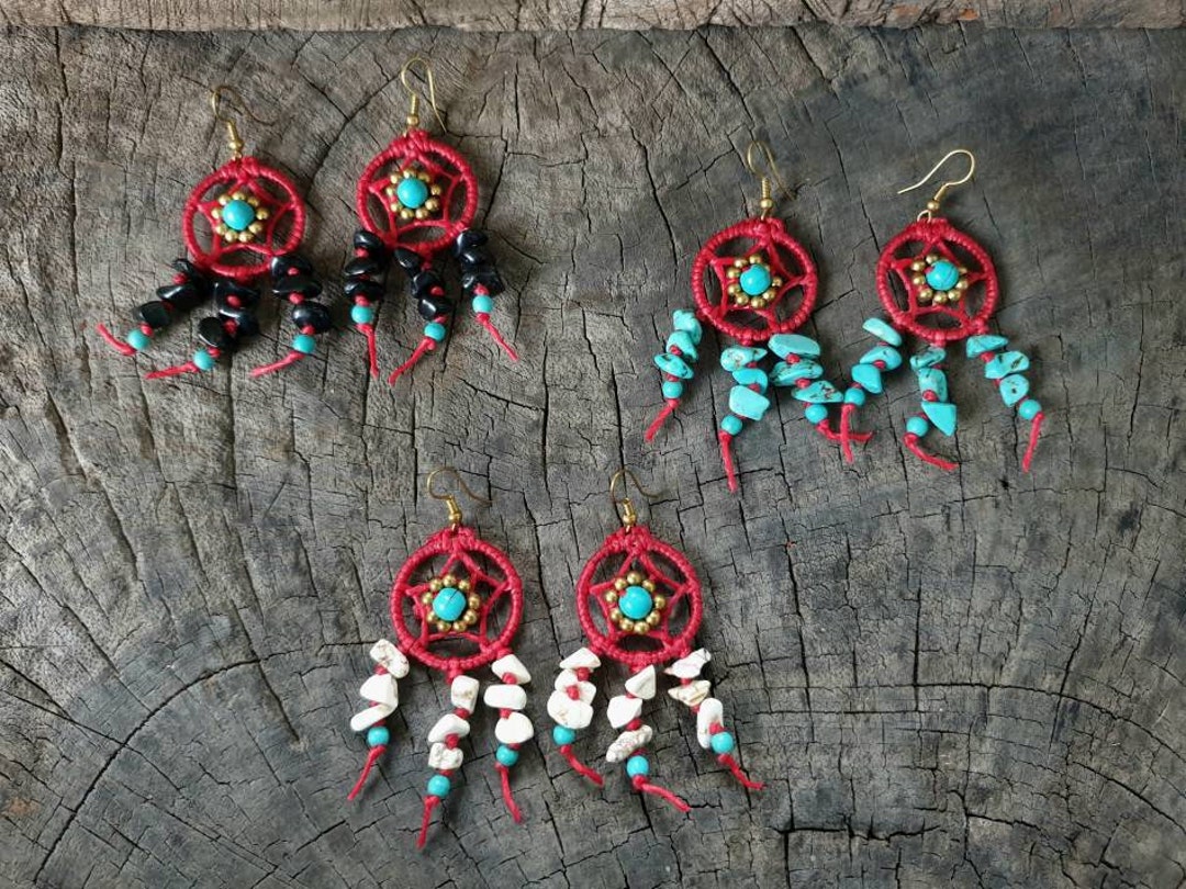 Dream Catcher Stones Red Waxed Cord Earrings, Stone Earrings, Women