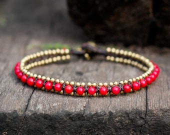 Coral Bead Brass Anklet