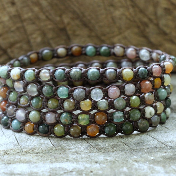 Fancy Jasper Indian Agate 5 Wrap Bracelet, Boho Unisex Wrap Bracelet