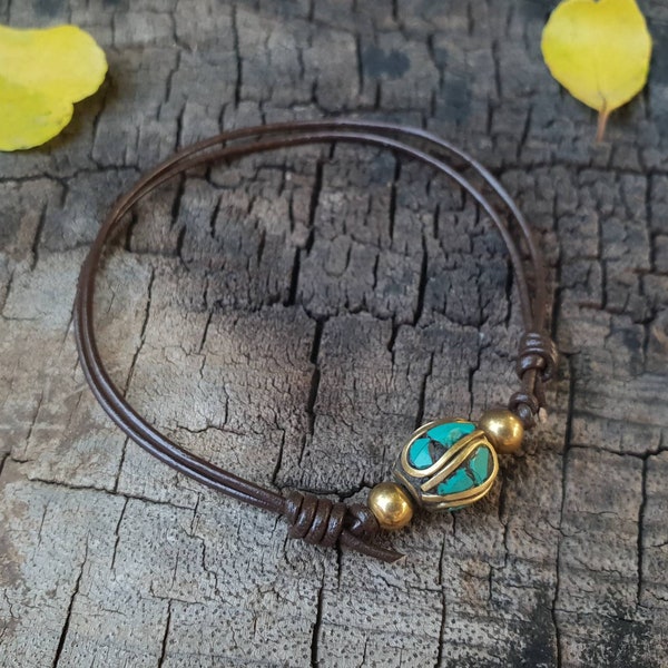 Bracelet de cheville réglable unisexe en cuir marron foncé avec perles en laiton tibétain népalais, pour femme, pour homme