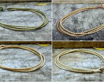 Triple Brass Beaded Waxed Cord Necklace, Women Necklace, Men Necklace, Hippie Necklace, Wrap Bracelet