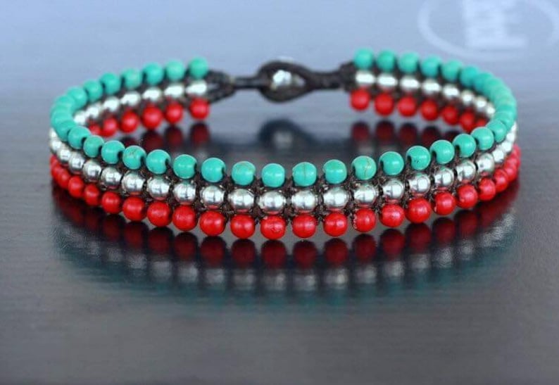 Turquoise and Red Turquoise Beaded Flat Brass Boho Anklet or - Etsy