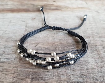 Hippie Silver Beaded Black Waxed Cord Unisex Bracelet Anklet, For Him, For Her