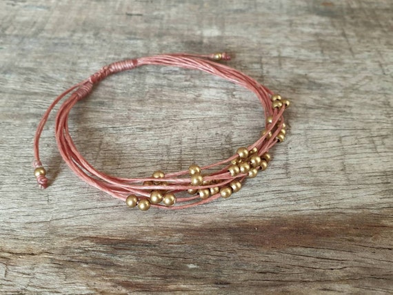 Triple Brass Beaded Waxed Cord Unisex Bracelet