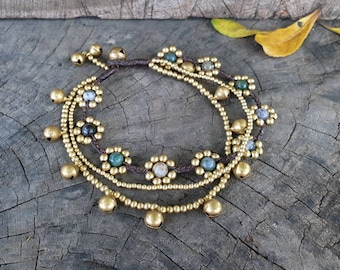 Tornozeleira tripla com sinos de latão trançado com flores, tornozeleira doce, para ela, tornozeleira feminina, tornozeleira feminina hippie