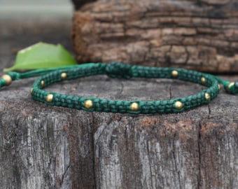 Adjustable Brass Dark Green Waxed Cord Unisex Friendship Bracelet, For Him, Adjustable Anklet, Simple Bracelet