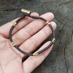 Brass Cube Beaded Dark Brown Waxed Cord With Brass Tube Bead Bracelet, Mens Bracelet, Brass Beaded Anklet, For Him, For Her