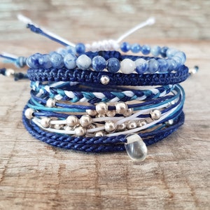 Set of 5 Silver Summer Blue Cord Bracelets, Hippie Women Bracelet, Gifts for Her, Women Black Cord Bracelets Set