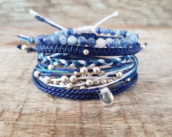 Set of 5 Silver Summer Blue Cord Bracelets, Hippie Women Bracelet, Gifts for Her, Women Black Cord Bracelets Set