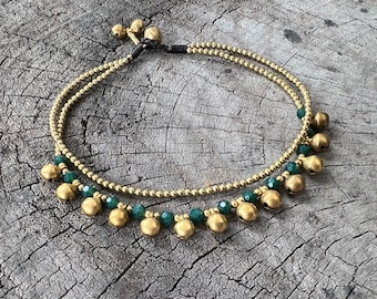 Green Crystal Beaded Brass Bells Chain Women Anklet, Crystal Women Bracelet