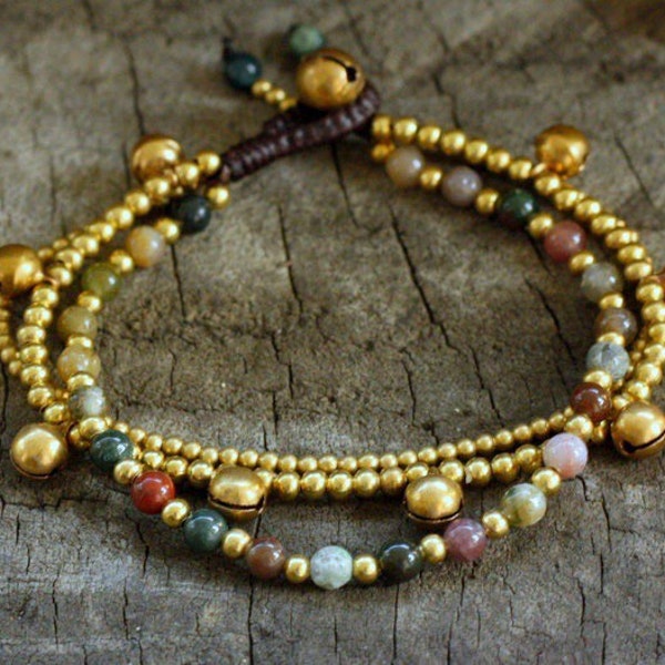 Fancy Jasper Triple Brass Bells Bracelet Anklet, For Womdn, Gifts for Girl