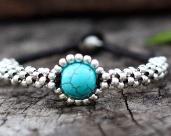 Turquoise Woven Waxed Cord With Silver Beaded Bracelet, Hippie Bracelet, Women Bracelet